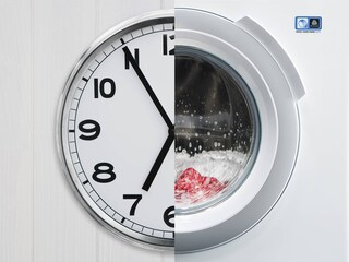 A clock next to the DualCare washer dryer