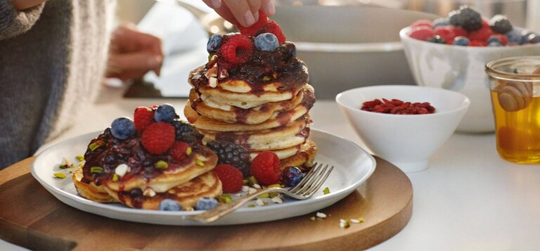 Pancakes with Berry Compote, Roasted Pistachios & Almonds